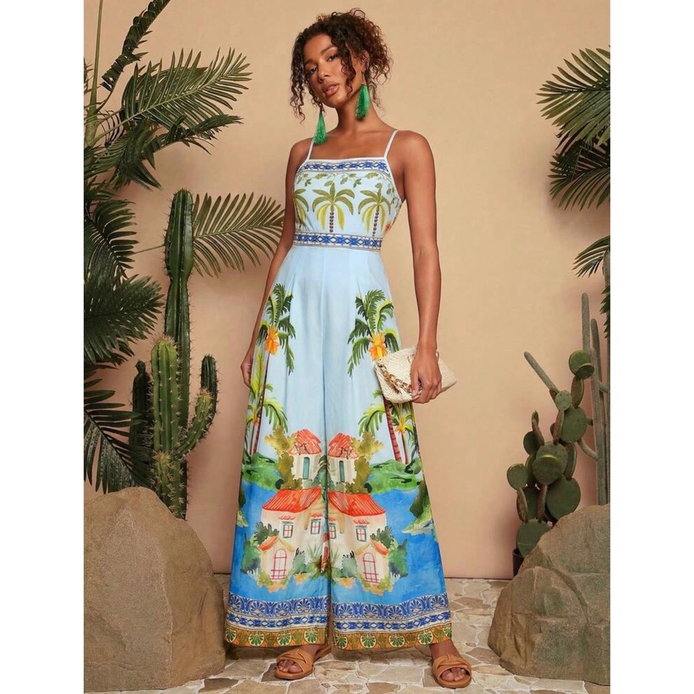 Tropical Palm Tree Villa Print Wide Leg Jumpsuit Blue Large Summer Boho - Picture 3 of 8